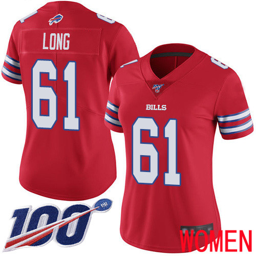 Women Buffalo Bills #61 Spencer Long Limited Red Rush Vapor Untouchable 100th Season NFL Jersey